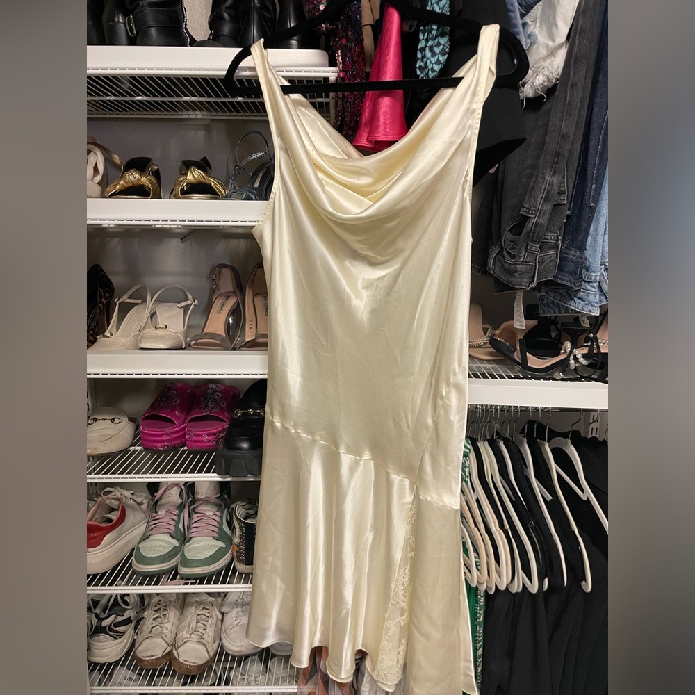Brand new LoveSchackFrancy pale yellow cowl neck dress